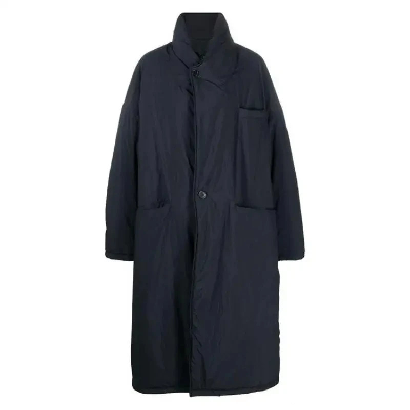 2025 Early Spring Standing Collar CottonPadded Coat Over The Knee Long Black Breasted Silhouette Loose Womens Trench 241202