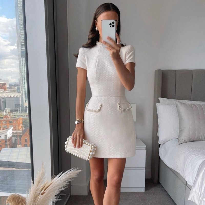 Women's Elegant Tweed Solid Slim Fit Short Sleeve Retro O-Neck Patchwork Evening Dress