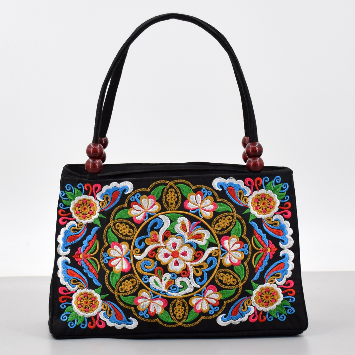 Ethnic style double-sided embroidered handbag with wooden bead accessories, double-layer zipper, hand-held canvas bag, portable mobile phone wallet