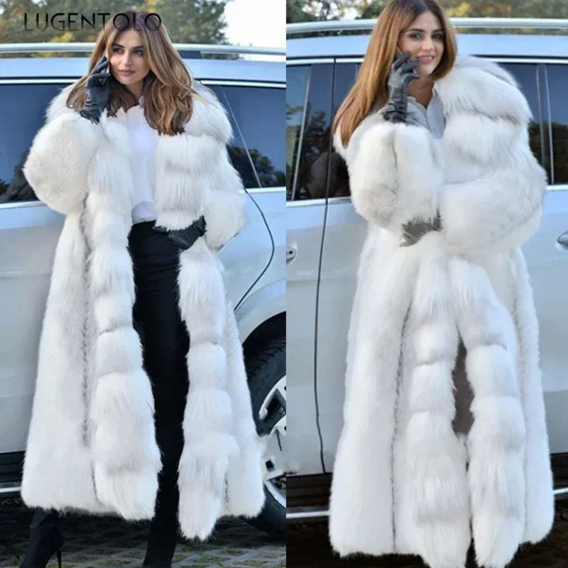 Womens faux fur coat for winter fashion and warmth X long size solid hooded loose seam 5XL elegant clothing 241202