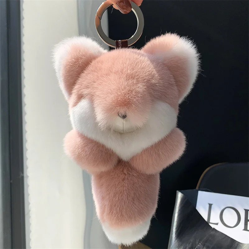 2024 Real Rex Rabbit Fur Fox Pendant Keychain Female Fluffy Fox Toy Pavilion Package Car Keychain Charm Girlfriend Gift Accessories 241206