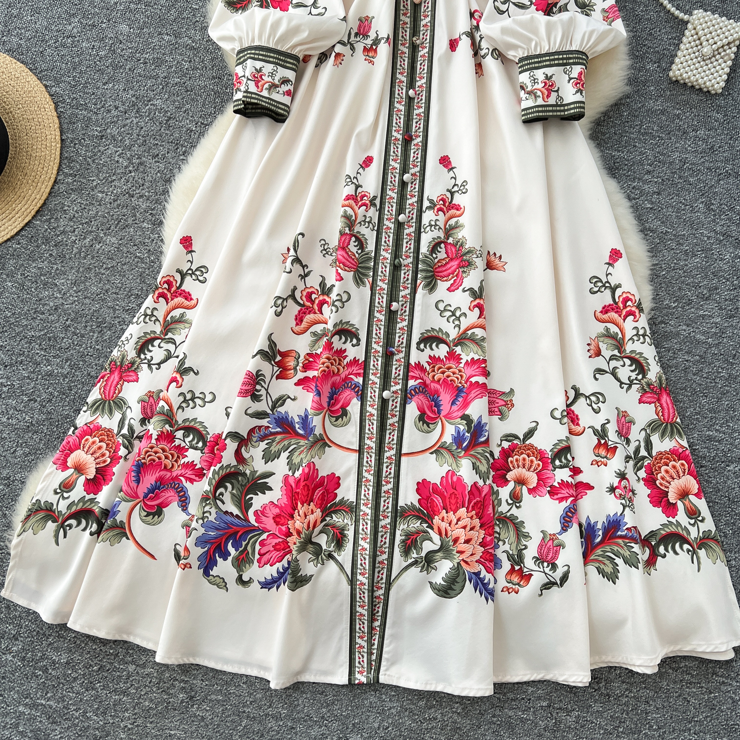 Casual Dresses 2025 Spring Vintage Flower Maxi Dress Women's Lantern Sleeve Stand Single-Breasted A-Line Floral Printed Belt Long Robe Vestidos