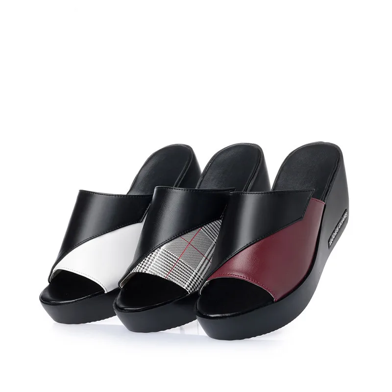 AIYUQI Woman Platform Flip Flops Summer Women Genuine Leather Slipper High Heel Shoes Big Size 41 42 43 Women Slipper