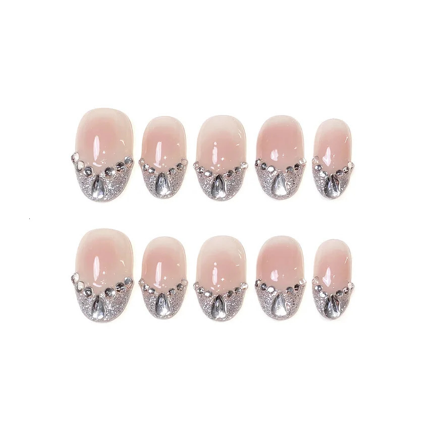 10Pcs Purely handmade high-end short style sparkling fake nails silver water drop diamond style 241206