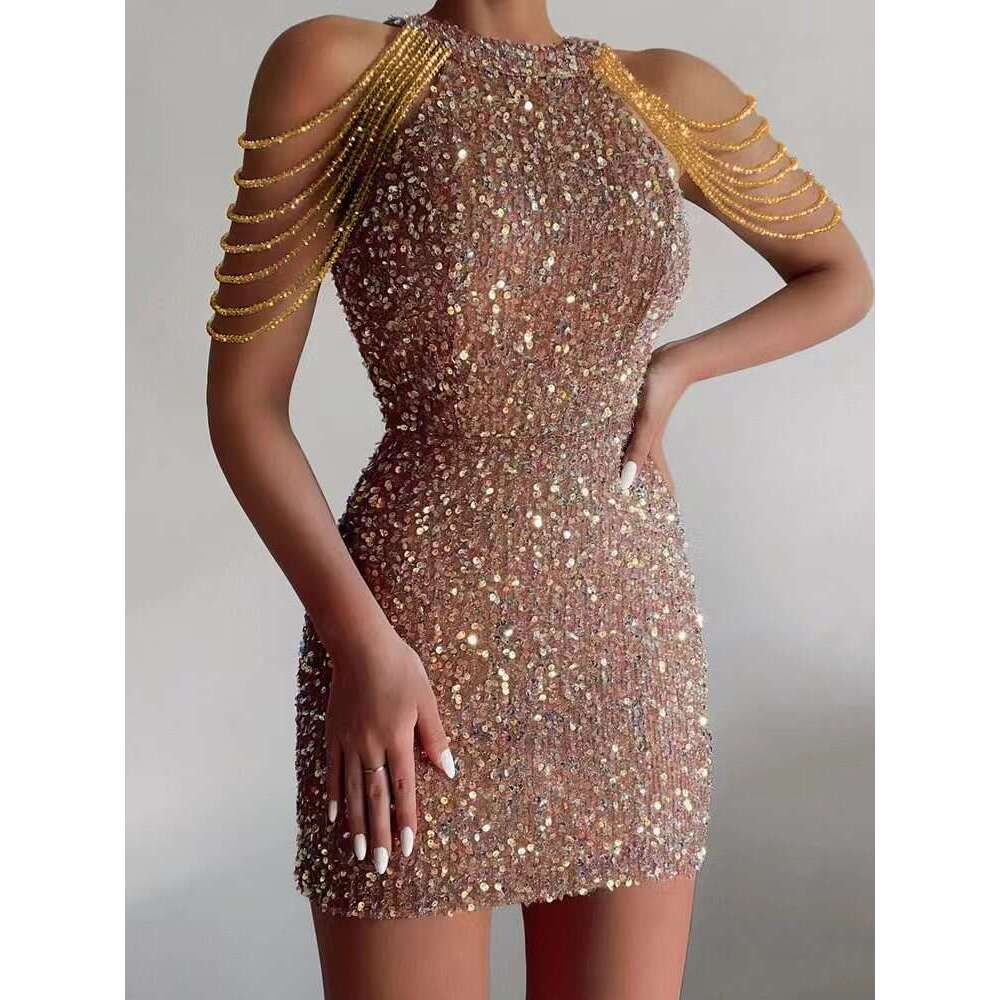 Spring/Summer Product Fashionable Hanging Neck Sexy Crystal Chain Hip Wrapping Glitter European and American Mid Waist Evening Dress 2024 Versatile Ne