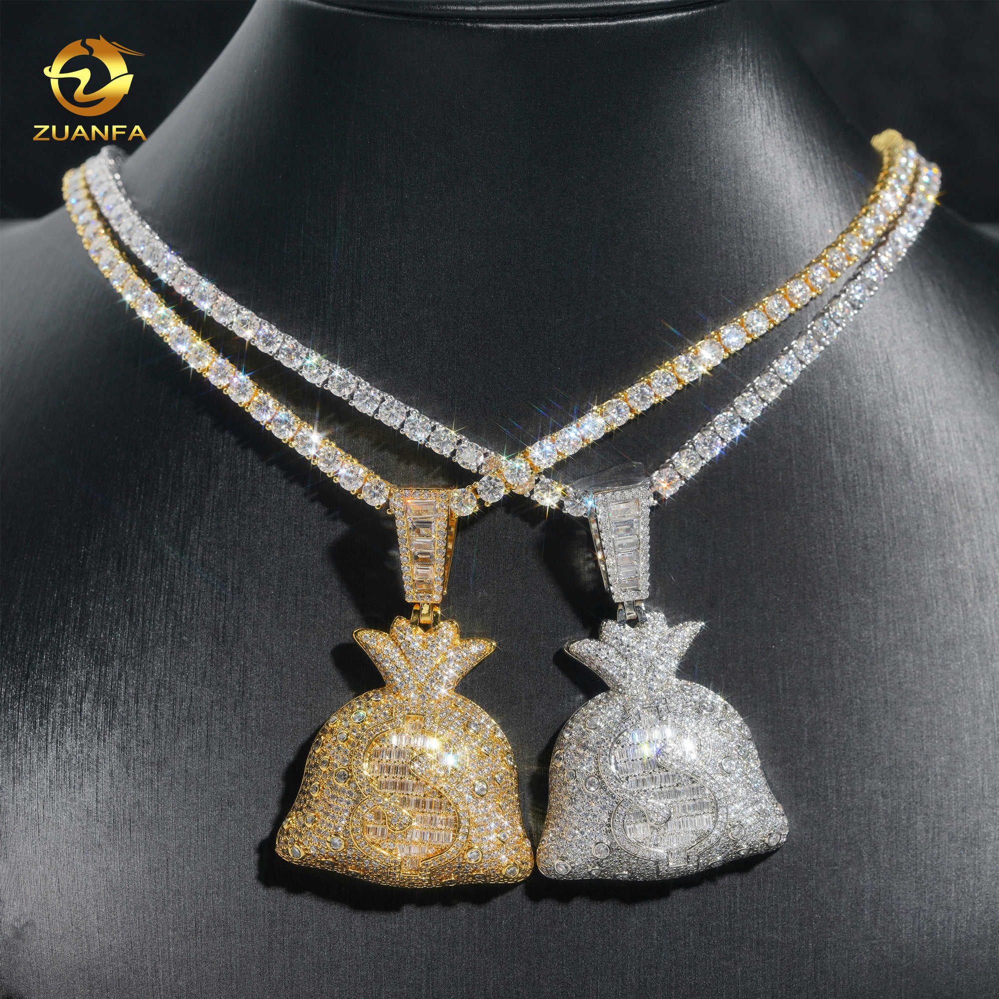 18k gold Plated Full Moissanite Diamond Hip Pop pendant D Vvs Moissanite Silver 925 Custom Dollar Money Bag ice out Pendant