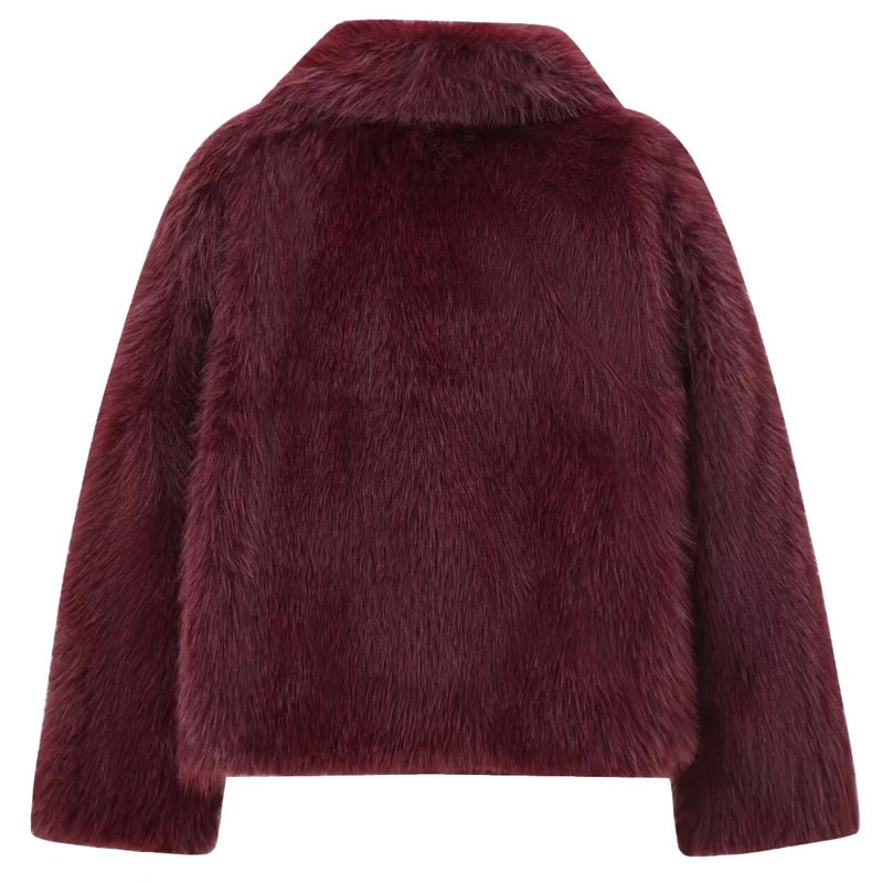 HXAO Womens Fur Coat 2024 Plush Burgundy Bomber Jacket Solid Crop Long Sleeve Warm Winter Casual 241206