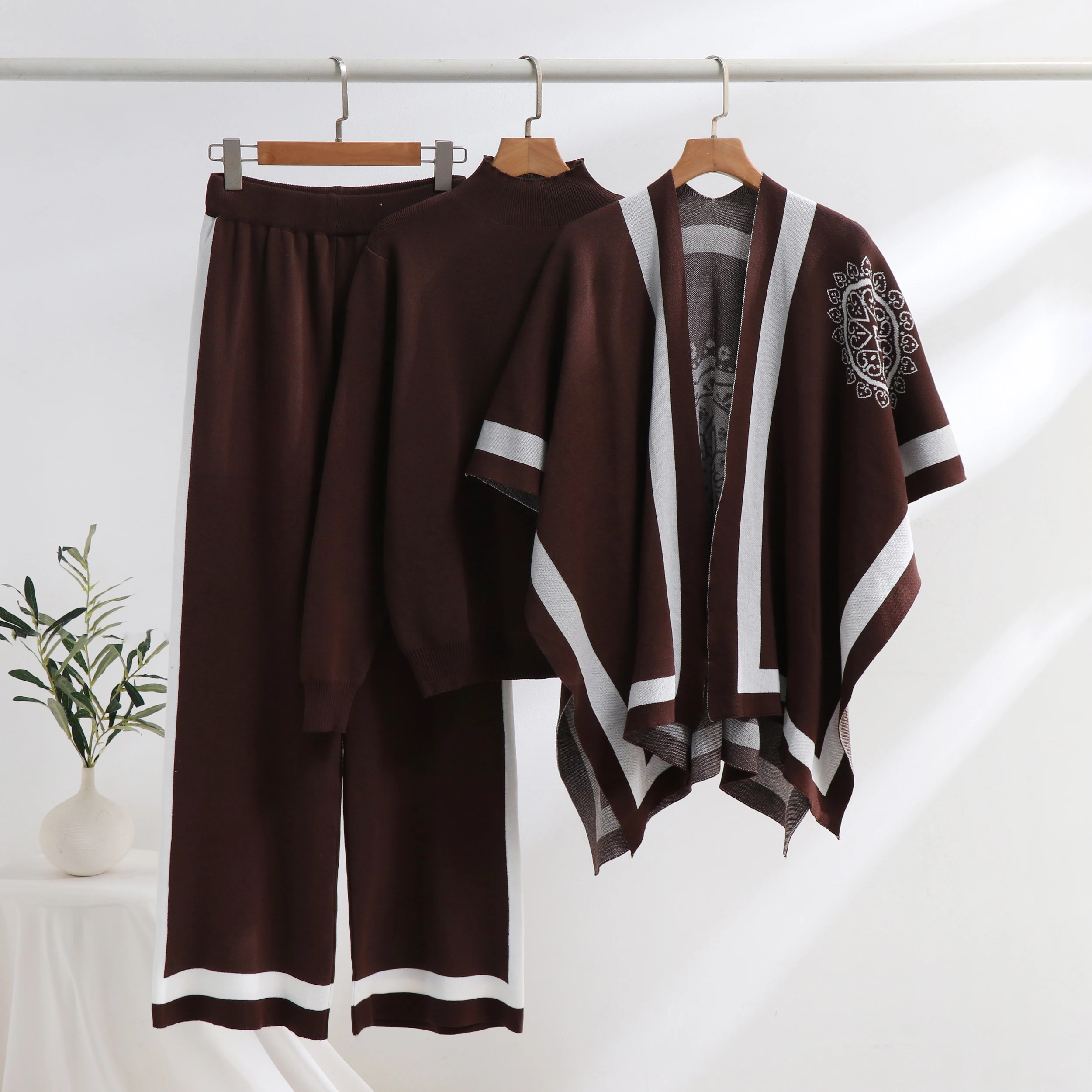 Women's Two Piece Pants Autumn Winter 3 Piece Women Cardigan Tracksuits Turtleneck Sweater Knitted Pants Set Suit Vintage Fashion Ladies 3 Piece 