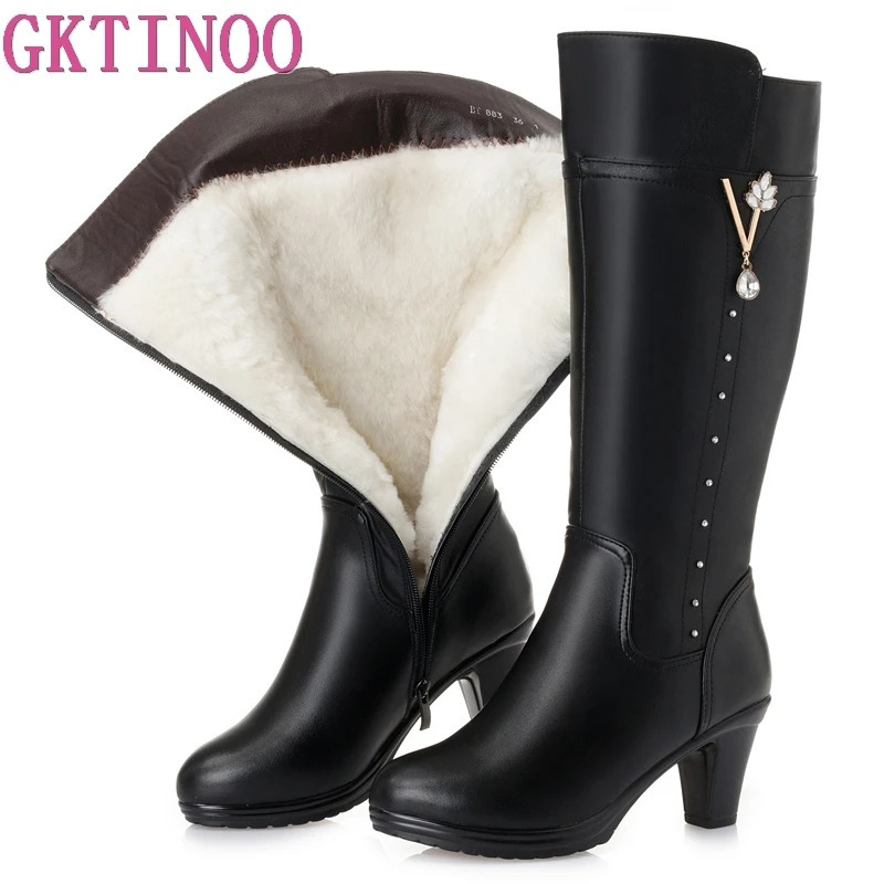 GKTINOO Winter Knee High Boots Warm Wool Leather Shoes Heels Soft Anti slip Womens 241206