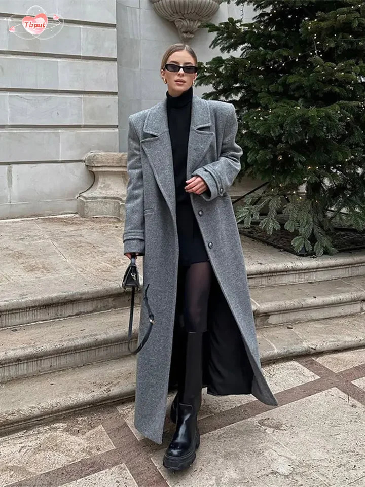 Autumn Grey Lapel Single Breasted Womens Long Wool Coat Chic Street Padded Shoulder Sleeve Jacket Female Outerwear 241202