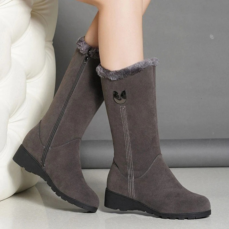 Womens platform shoes with side zipper womens snow boots winter round toe plush warm solid high tube flat 241206