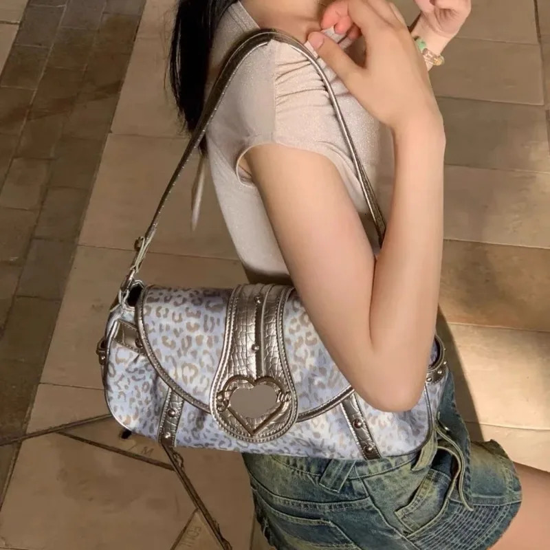 Gainny Y2k leopard print shoulder bag for women retro Korean fashion trend cross body bag Harajuku streetwear aesthetic youth bag 241205