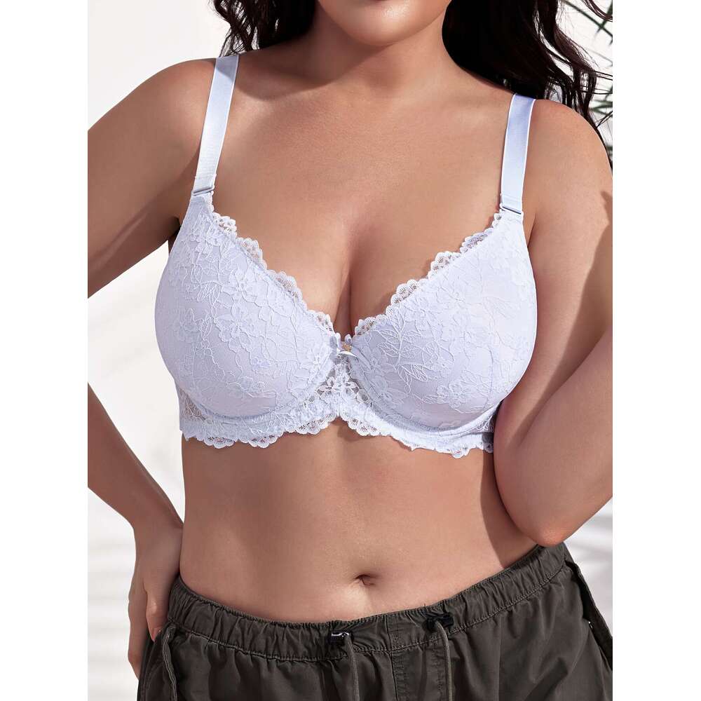Women's Elegant Bra, Plus Size Bow Decorative Flower Lace Fan Edge Push Up Steel Rim Bra-K0570D