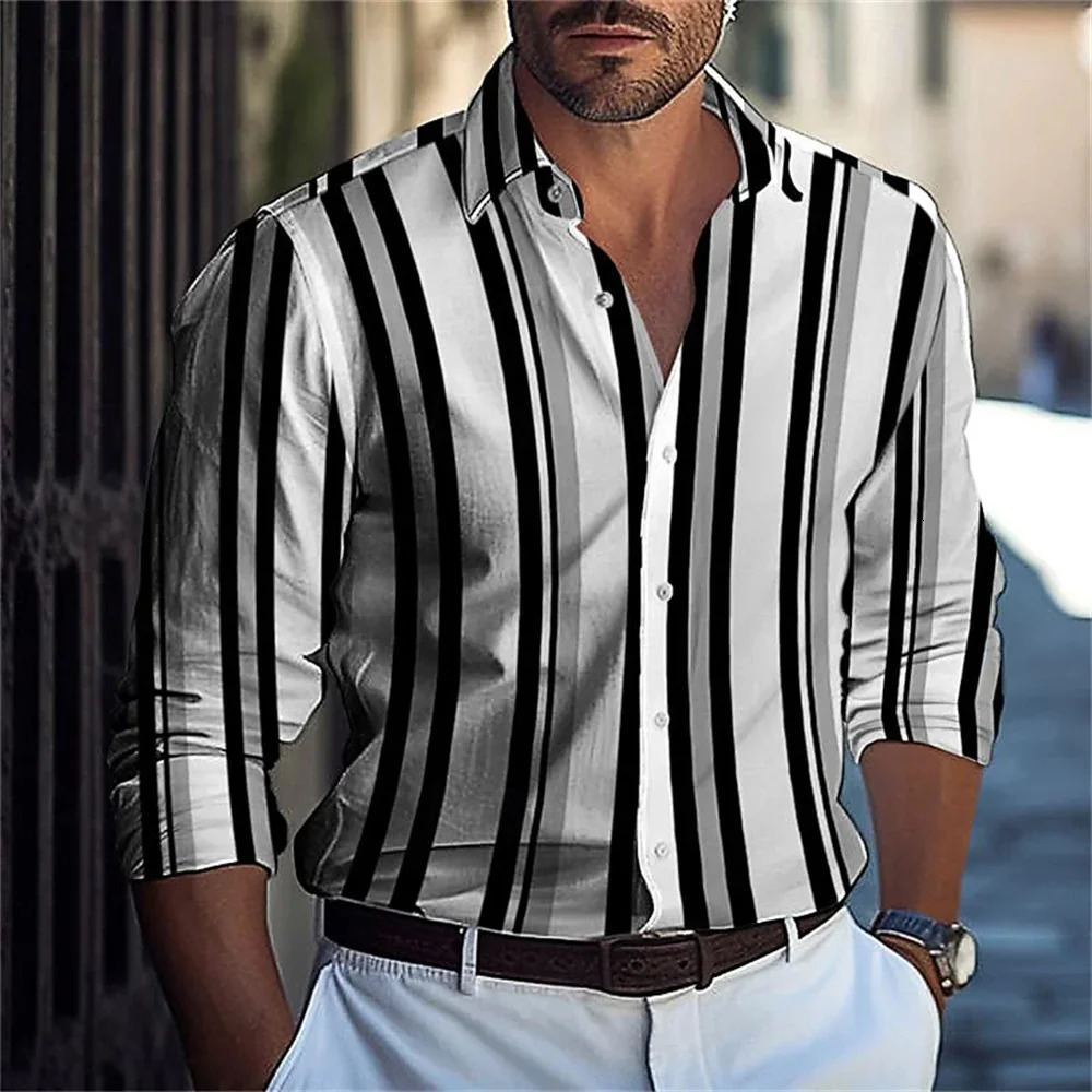Mens striped printed collar button up shirt suitable for spring and summer fashion casual long sleeved comfortable street top 241206