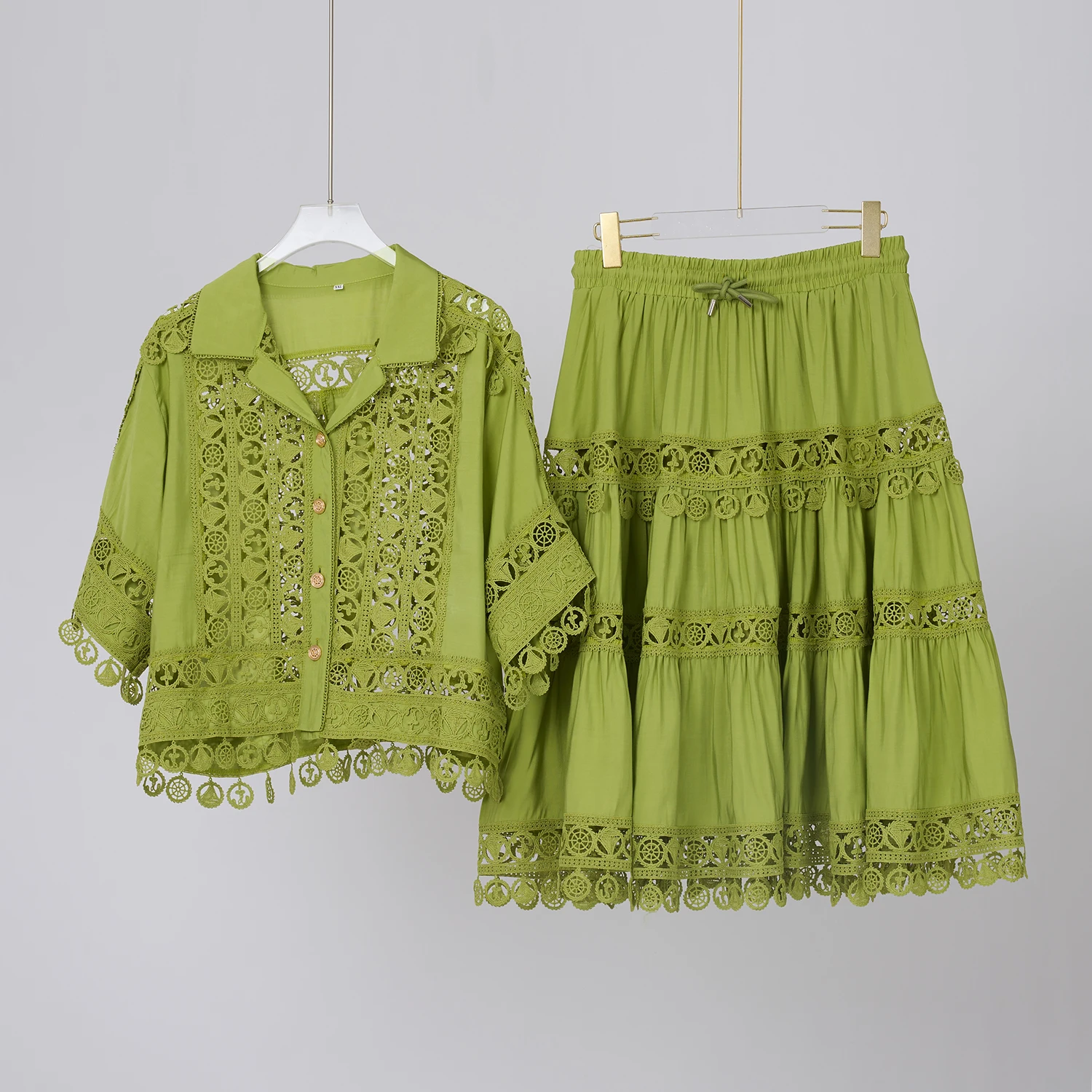 Two Piece Dress Summer Corchet White Lace Embroidery Hollow Out 2 Pieces Set Outfits Women Loose Shirt Tops Elastic Waist Midi Skirts Suit 2025