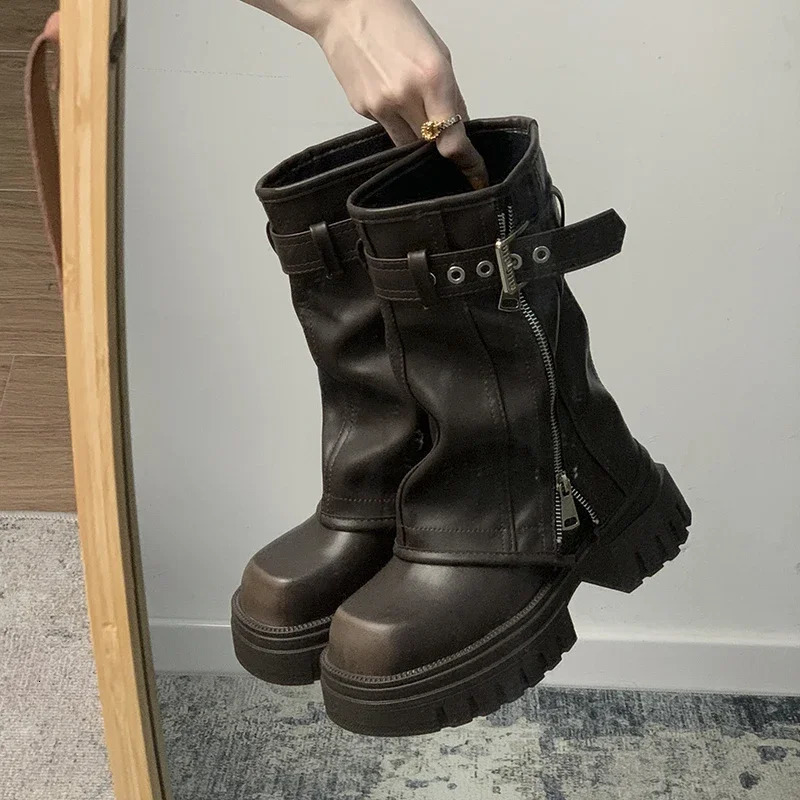 Winter Women Biker Boots Fashion Belt Buckle Ladies Elegant Platform Flats Short Booties Casual Womens Knight Booties 241206