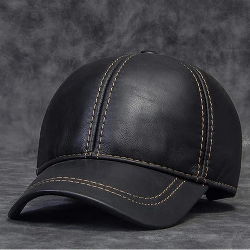 2024 Winter Mens Genuine Leather Baseball Hat Outdoor Hockey Golf Fishing Glasses Black/Brown Mens Truck Hat 241206