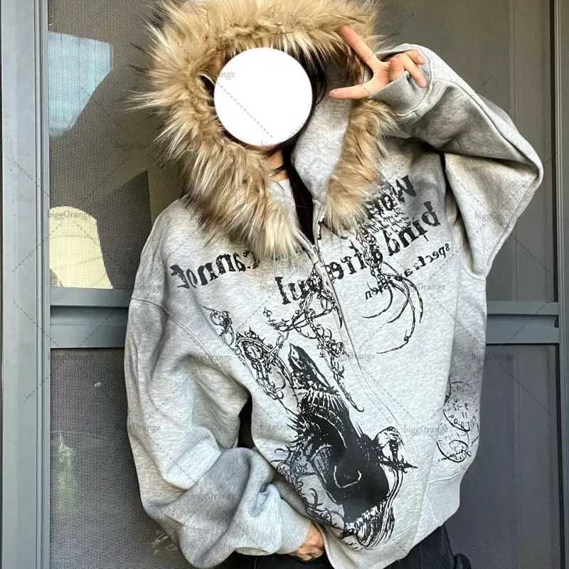 Gothic punk Harajuku big fur collar jacket European and American fashion animation printing hooded casual edition sweatshirt X241207