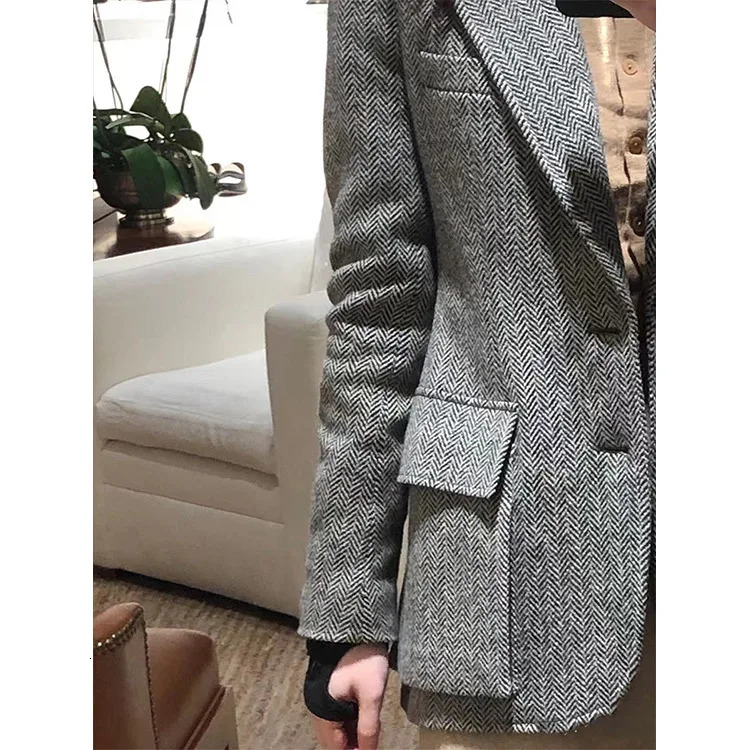 Wool Suit Herringbone Jacket 2025 Autumn And Winter Woolen Top Coats For Women 241202