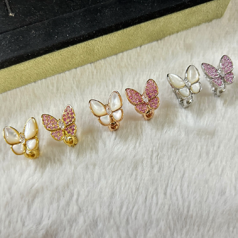 Designer Fashion Style Earrings Lady Women Brass Inlay Colored Diamond Mother Of Pearl Two Butterfly Plated Gold Ear Clip Party Jewelry