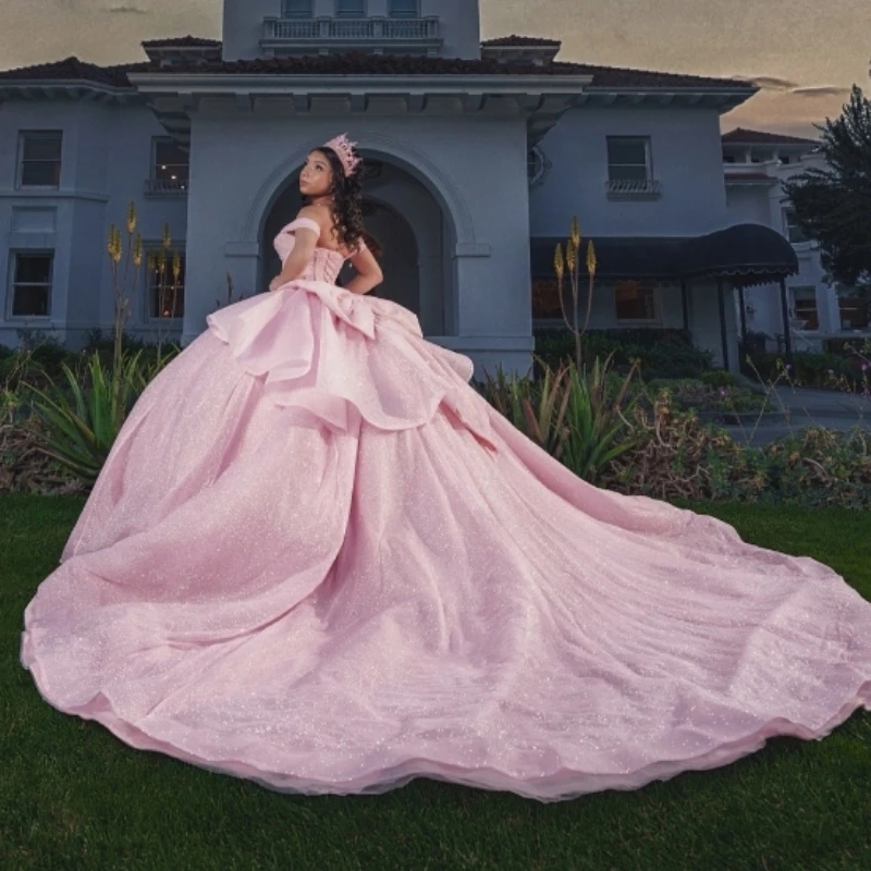 Pink Customized Gorgeous Ball Gown Quinceanera Dresses Beads Bow Tull Corset Party Birthday Vestidos 15 De XV Sweet 16 Dress
