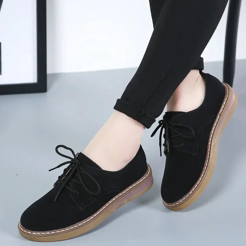 Winter 2024 womens sports shoes Oxford flat leather suede lace marine round toe Moccasins 241206