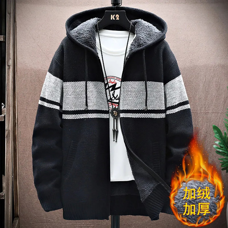 2023 Autumn Korean Hoodie Mens Sweater Thick Velvet Open Knitted Striped Jacket M4XL MY03 241206