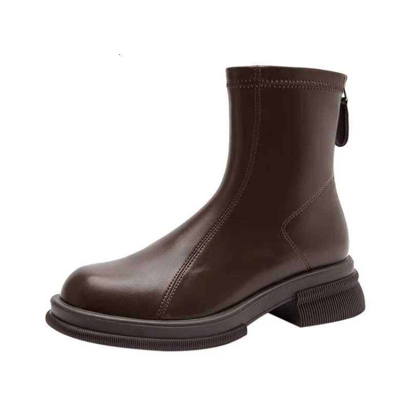 Black platform womens ankle boots fashionable soft leather shoes autumn thick short 241206