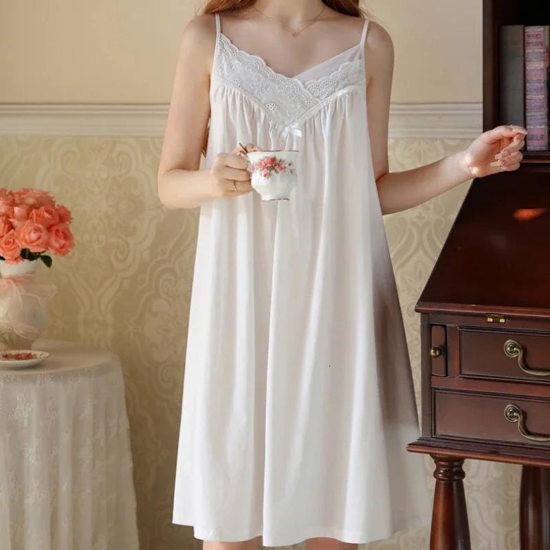 Vintage Solid Sleepwear Adjustable Lace Sleeveless Nightgown For Women Backless V Neck Casual Nightdress 241203