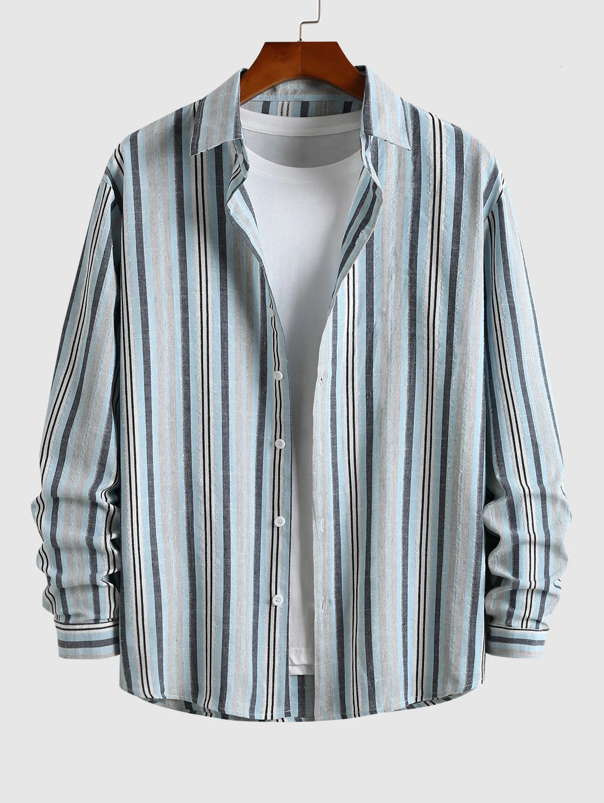 Mens striped pattern long sleeved button up front shirt 241206