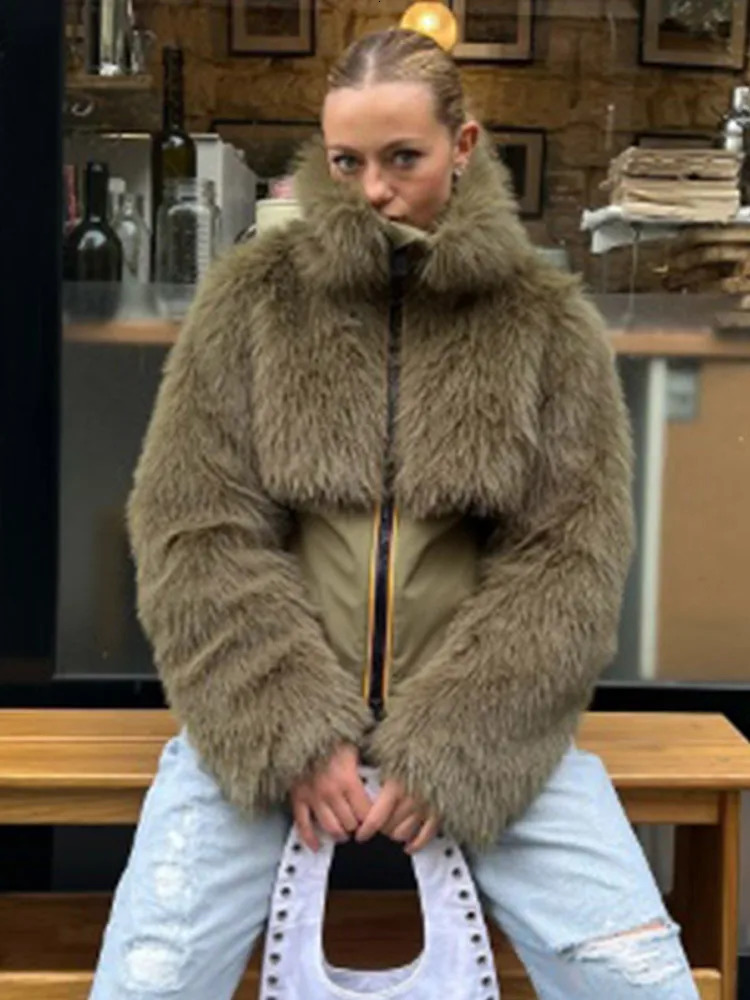 Chic Green Patchwork Faux Fur Coat Women Fashion Stand Collar Long Sleeve Warm Short Top Female Winter High Streetwear 241206