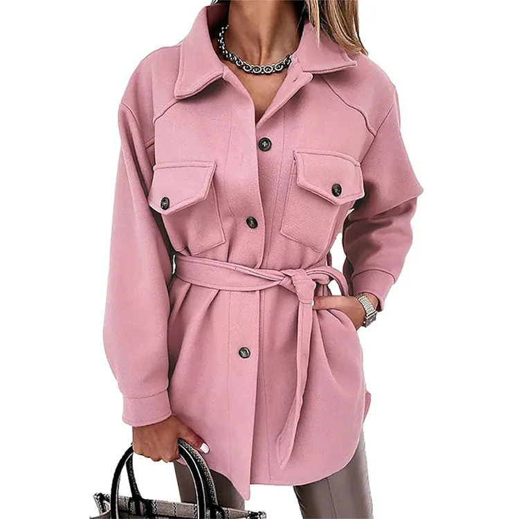 Womens Long Sleeved Temperament Solid Color Lapel Button Tied Woolen Coat 241202