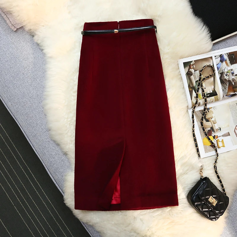 Autumn and Winter Wool Body Pencil Skirt Womens High Waist Split Waist Belt Knee Length Midi Skiing Fashion Womens Work Clothes 241205