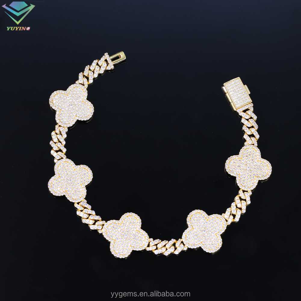 Yu Ying Clover Bracelet 18k Gold 925 Sterling Silver VVS Moissanite Cuban Link Chain Bracelet for Hip Hop Jewelry