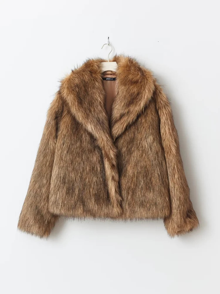 Brown Womens Fluffy Faux Fur Warm Short Coat Chic Lapel Collar Long Sleeve Furry Jacket Winter Lady High Streetwear 241206