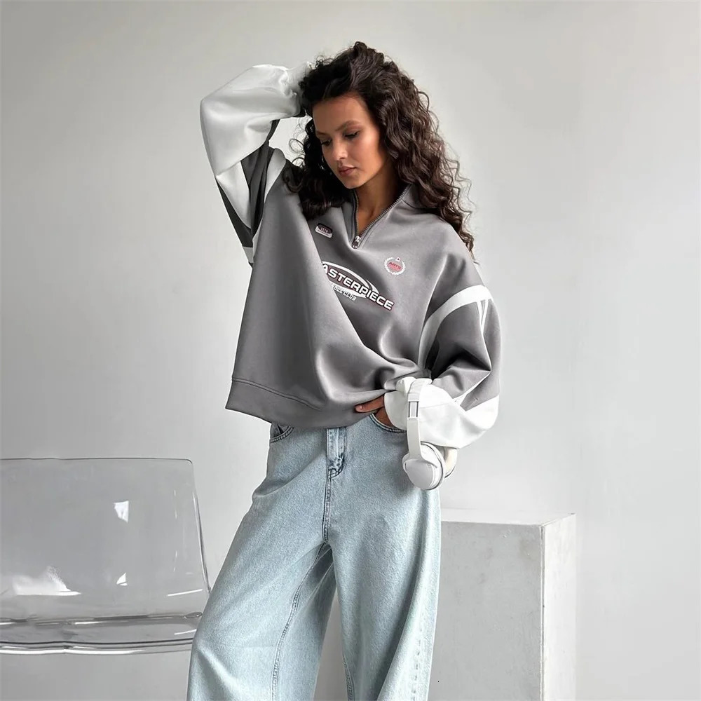 Bomber Jacket Vintage Harajuku Hoodies Wonem Long Sleeves Half Zipper Sweatshirt Trendy Street Casual Loose Pullover 241203