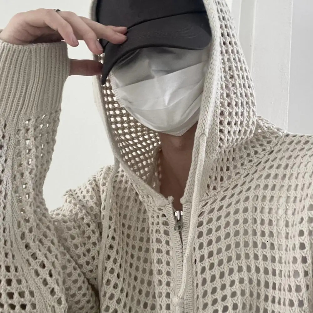 Winter mens cardigan hiphop hollow zipper solid color 241206