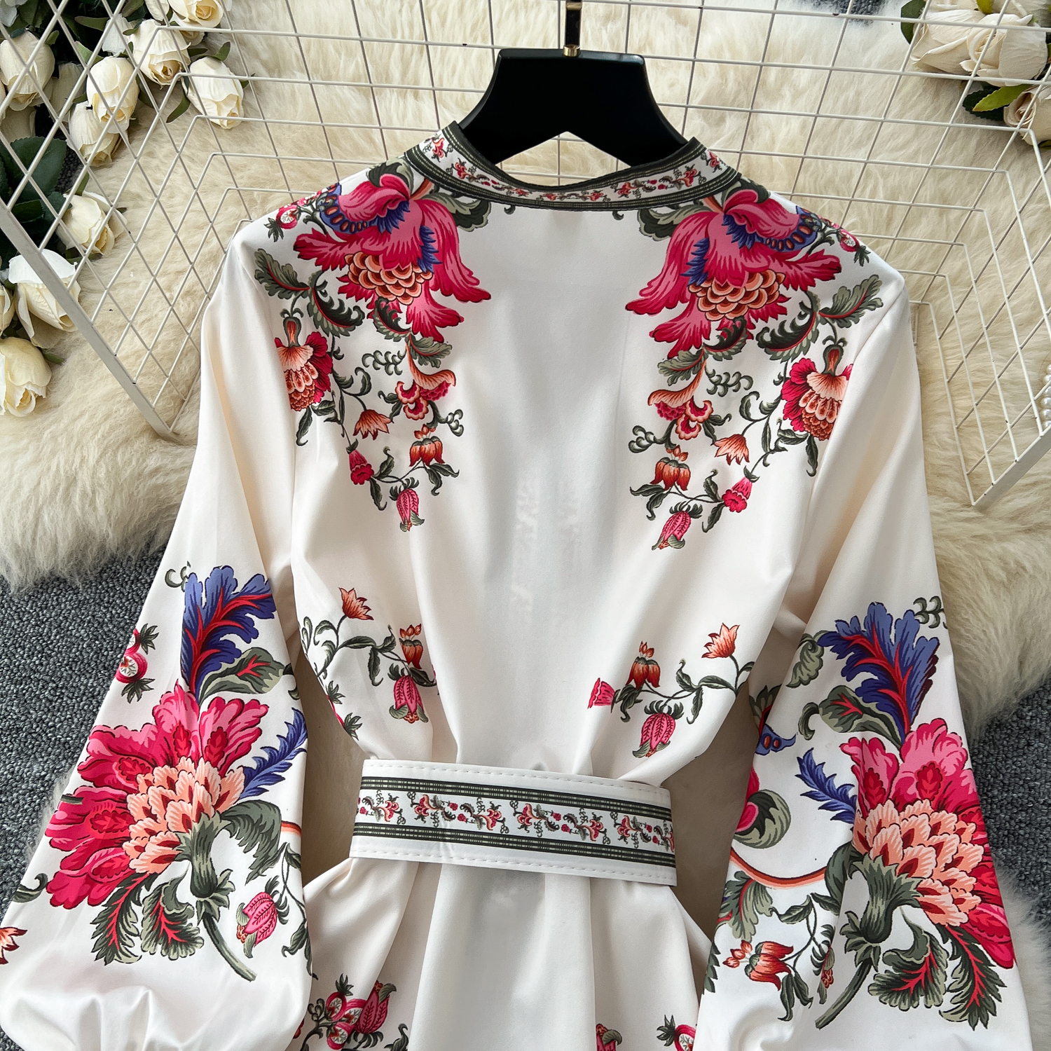 Casual Dresses 2025 Spring Vintage Flower Maxi Dress Women's Lantern Sleeve Stand Single-Breasted A-Line Floral Printed Belt Long Robe Vestidos