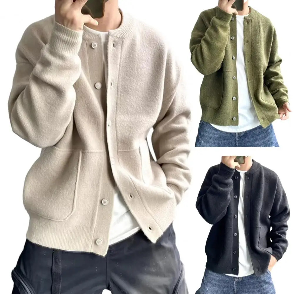 Mens round neck knitted cardigan single breasted solid color long sleeved jacket for warmth 241206