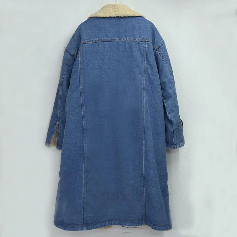 Lambwool lined medium length denim jacket autumn and winter collar retro streetwear casual Chaquetas top Korean womens Jaqueta 241206