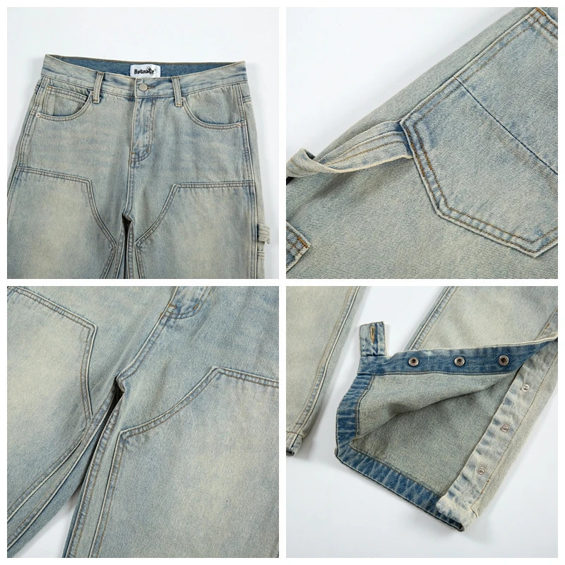 American streetwear double knee logging coverage mens spring and autumn jeans light blue straight leg pants cleaning and washing jeans 241206