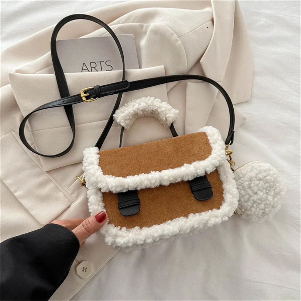 Fashion shoulder bag large capacity cross shaped bag suitable for womens handbags small square bag Sherpa bag round plush wallet 241205