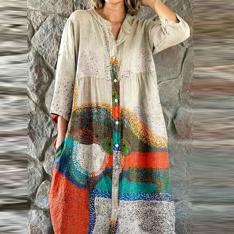 Bohemian Loose Single Breasted Women's Casual O-neck Pocket Commuting Spring Summer Print Long Sleeved Dress