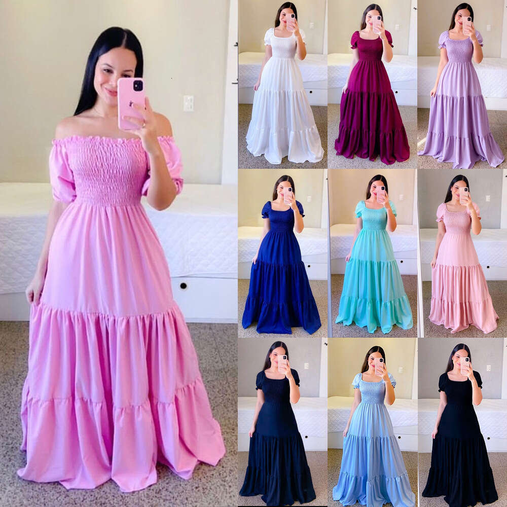 Spring/Summer European and American Women's One Broken wer Exposed Shoulder Long Color Fairy Dress 2024 New Casual Versatile Fashion Clothing