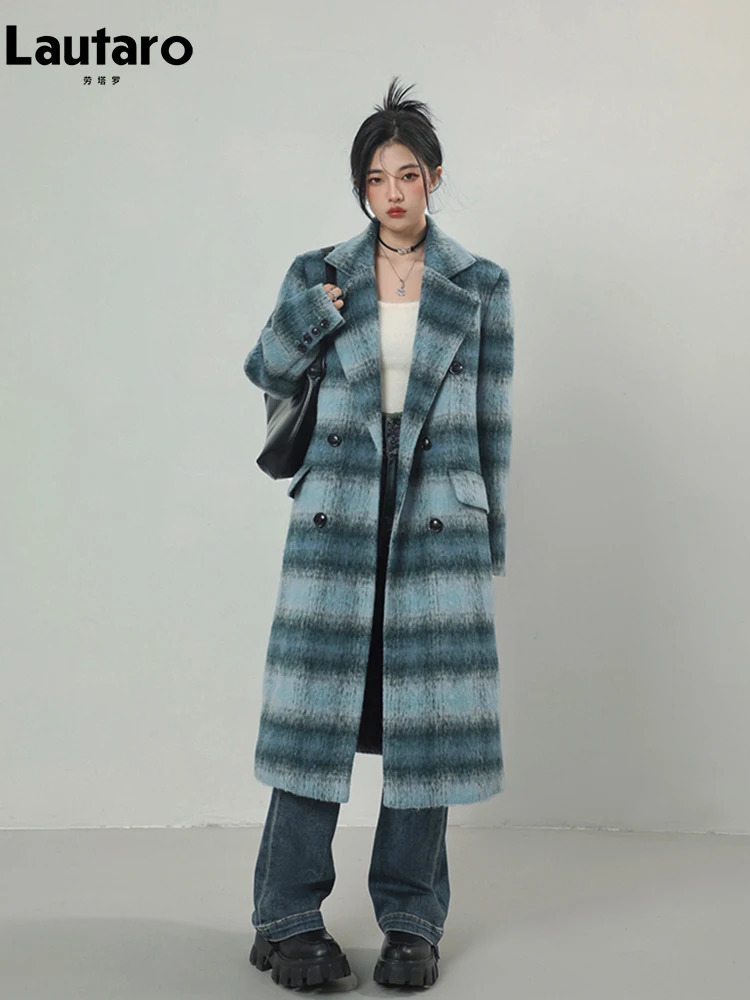 Lautaro winter long warm blue plain woolen jacket suitable for womens shoulder pads double chest Korean fashion 241205