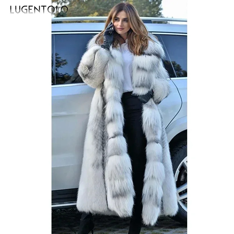Womens faux fur coat for winter fashion and warmth X long size solid hooded loose seam 5XL elegant clothing 241202
