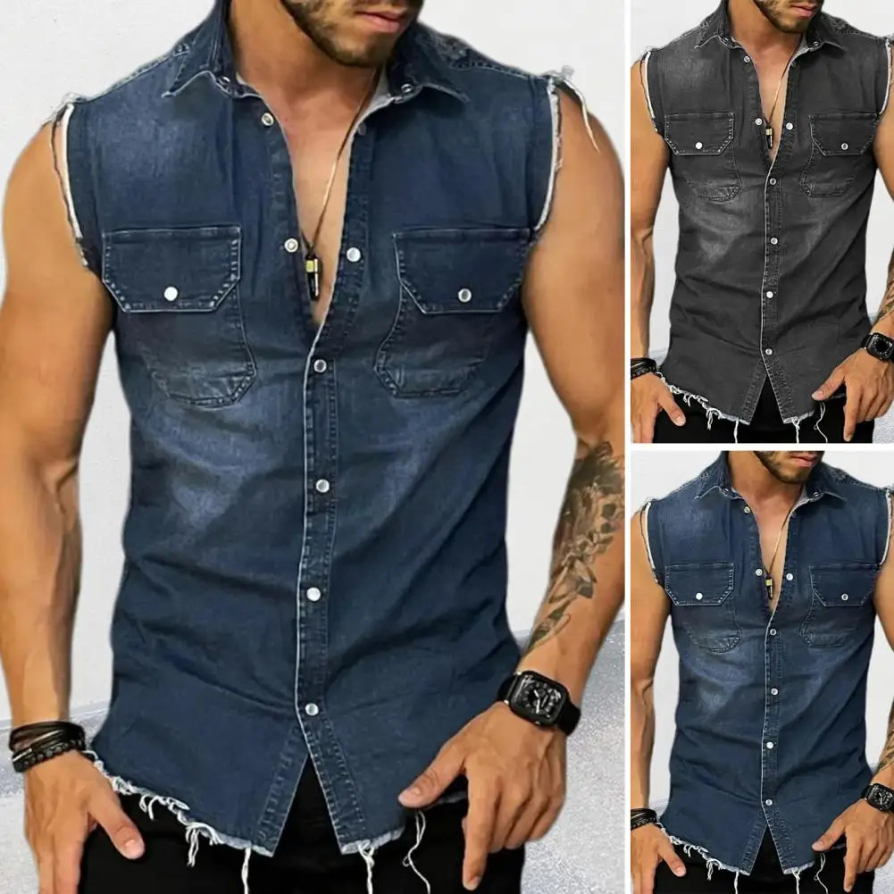 Lapel sleeveless vest jacket single chest lapel pocket tassel mens summer solid color denim shirt street fashion show body muscles 241206
