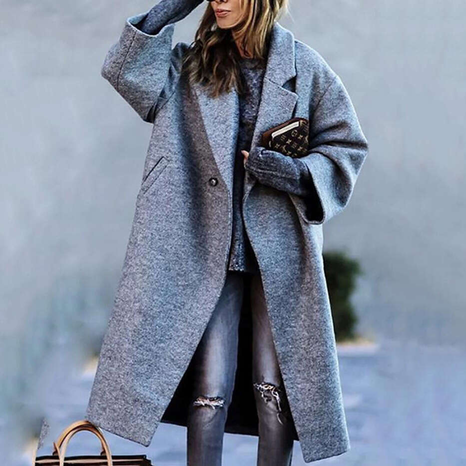 European and American autumn women's long sleeved lapel jacket printed woolen oversized windbreaker 2024 new casual versatile fashion clothing
