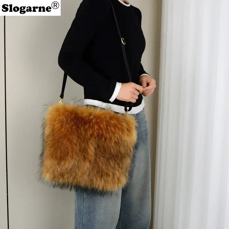 Womens Artificial Raccoon Fur Handbag Womens Winter Soft and Fluffy Large Capacity Handbag High Quality Fur Cross Body Bag 241206