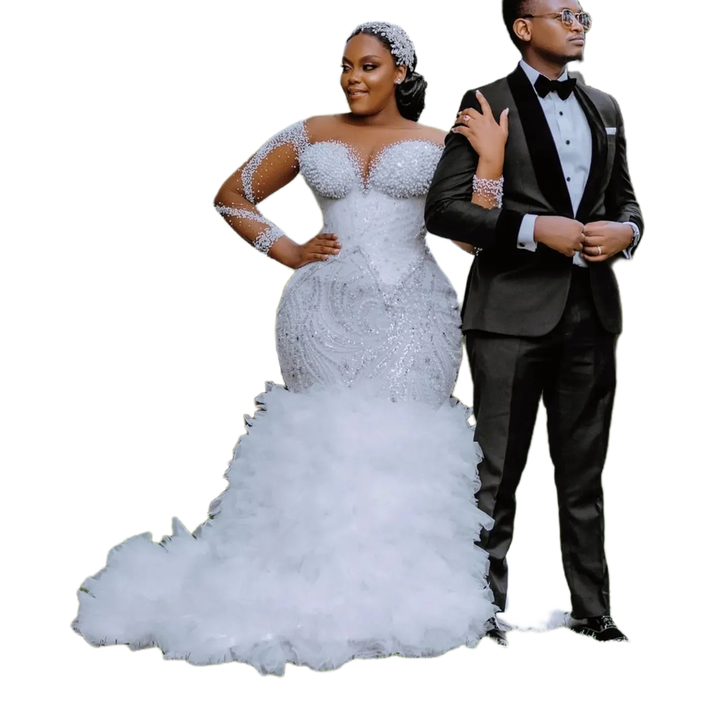 Luxurious Beaded Mermaid Wedding Dresses Long Sleeves Arabic African Lace Bridal Gowns Tiered Ruffles Court Train White Bride Formal Dress 2025